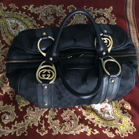 Gucci Handbags - Gucci Med. Gold/Black GG Canvas Handbag